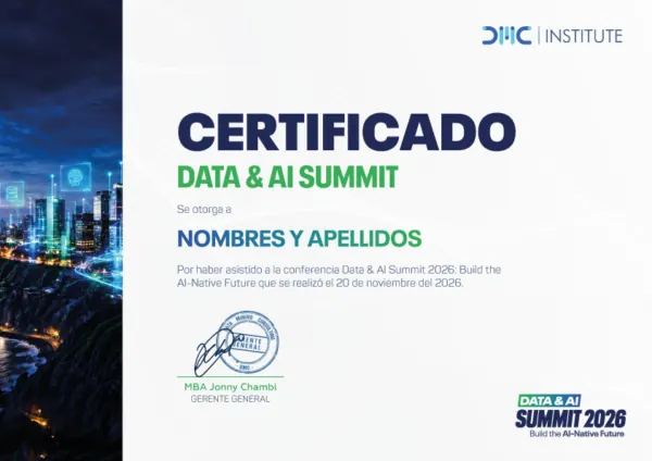 Modelo del certificado de participación del Data & AI Summit 2026, emitido por DMC Institute